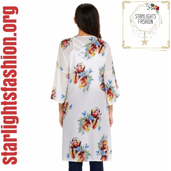 Ivory Floral Side Slit Boho Kimono - Picture 4 of 7